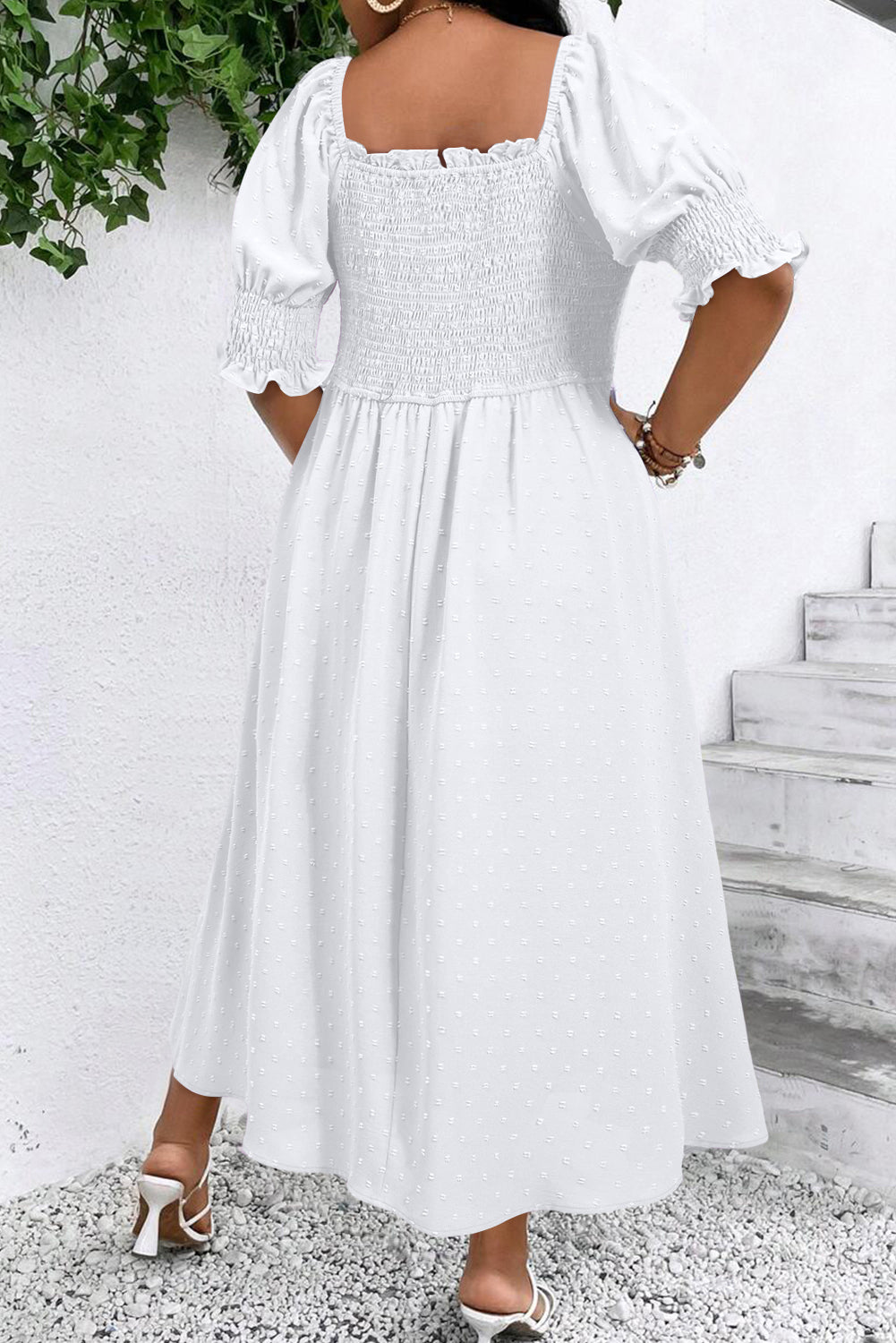 Wisteria Swiss Dot Smocked Frill Square Neck Plus Size Dress