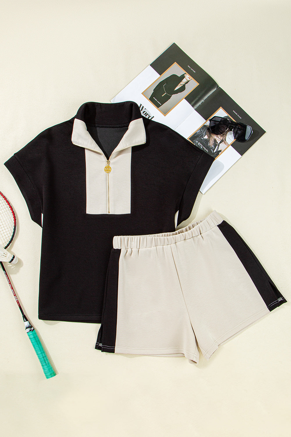 Black Colorblock Collar Patchwork Zip Front Smocked Waist Romper