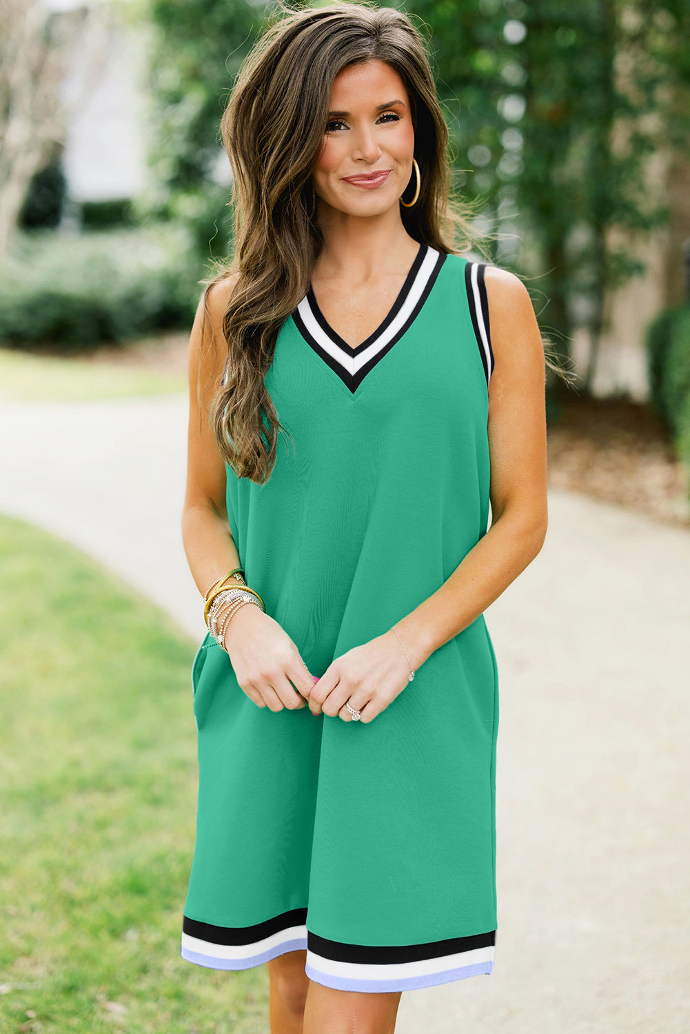 Mint Green Contrast Trim V Neck Sleeveless Mini Dress