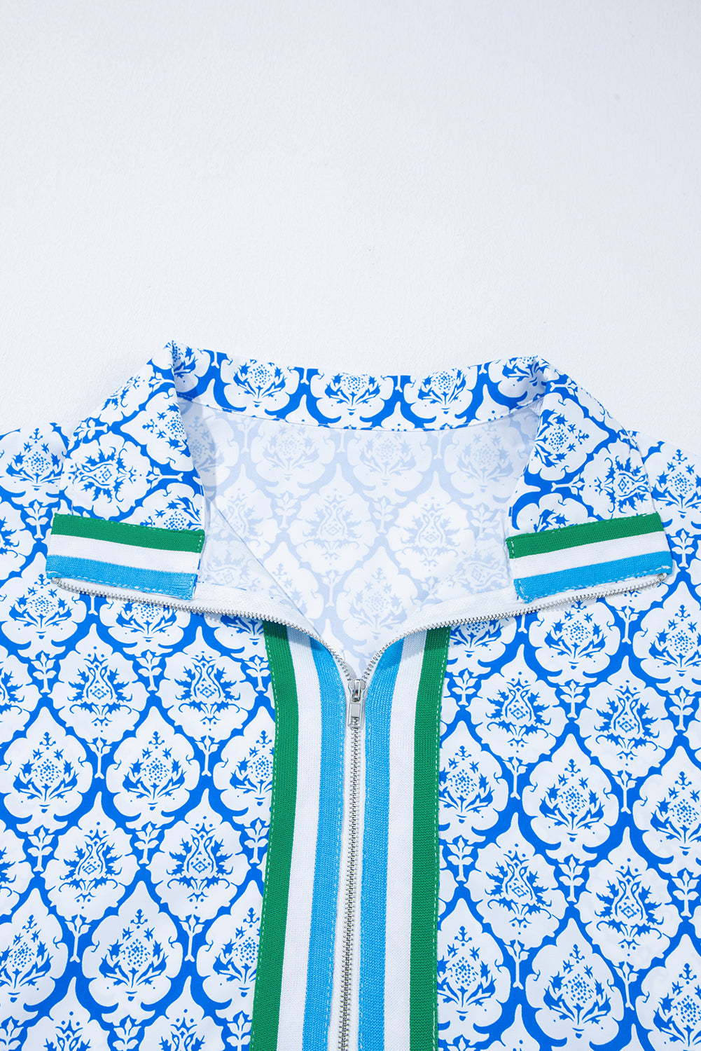 Sky Blue Colorblock Striped Collar Bohemian Print Blouse