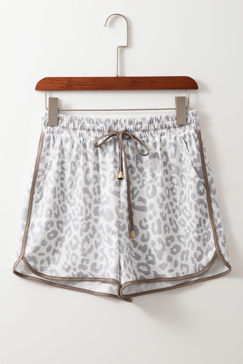 Pink Leopard Elastic Waist Lace up Contrast Trim Casual Shorts