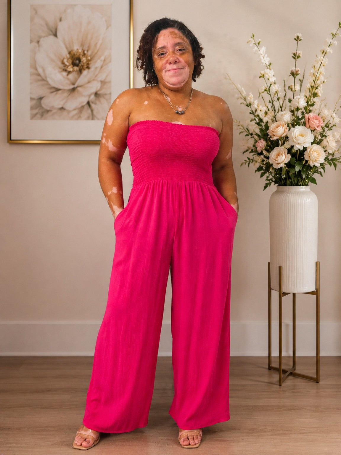 Plus Size Gauze Strapless Wide-Leg Jumpsuit