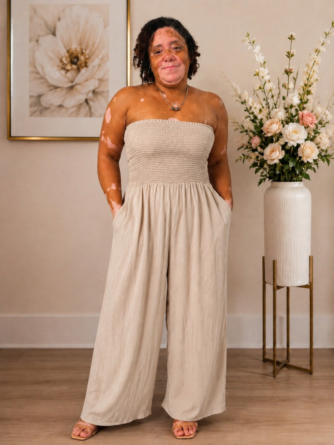 Plus Size Gauze Strapless Wide-Leg Jumpsuit