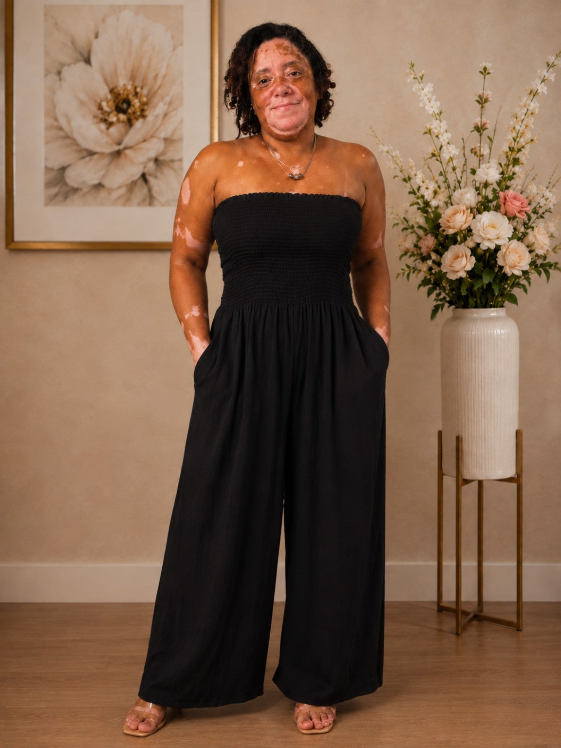 Plus Size Gauze Strapless Wide-Leg Jumpsuit