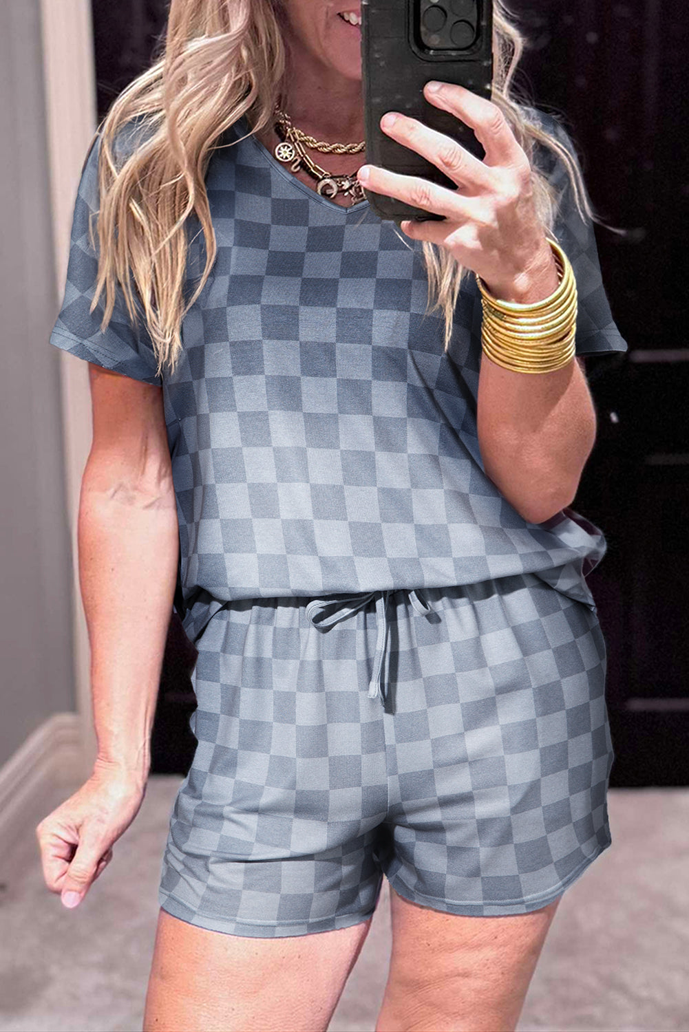 Pink Checkered V Neck Tee and Drawstring Shorts Pajama Set