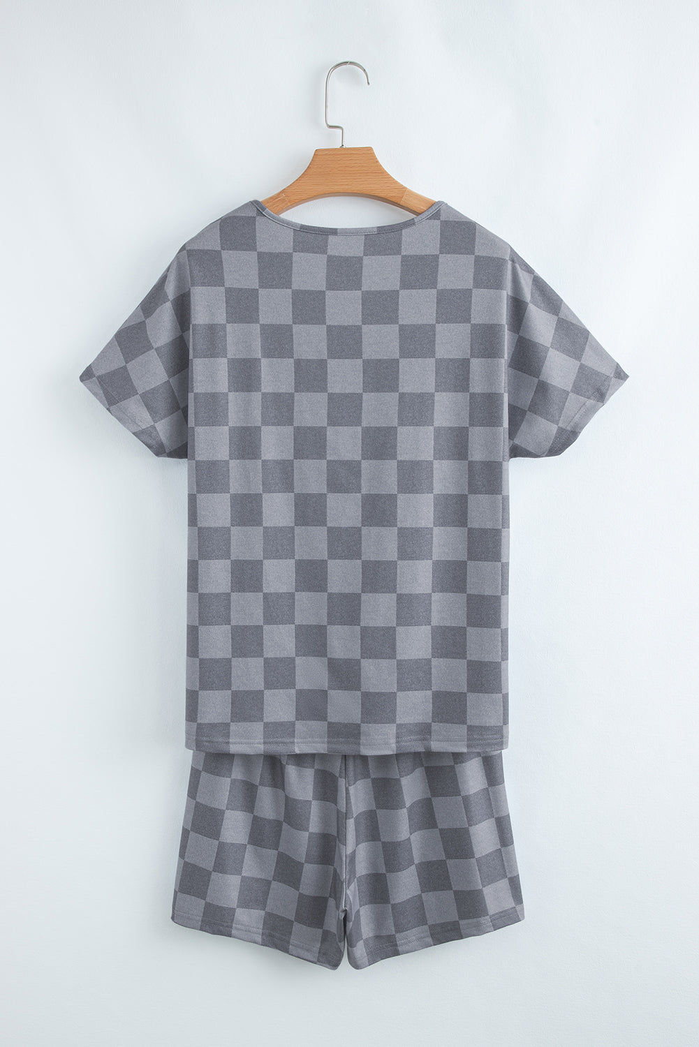 Pink Checkered V Neck Tee and Drawstring Shorts Pajama Set