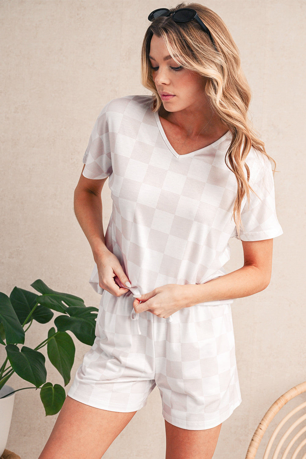 Pink Checkered V Neck Tee and Drawstring Shorts Pajama Set
