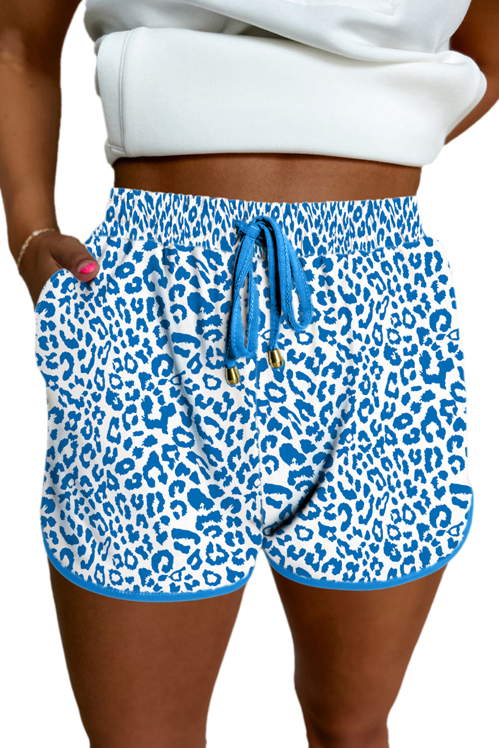 Pink Leopard Elastic Waist Lace up Contrast Trim Casual Shorts