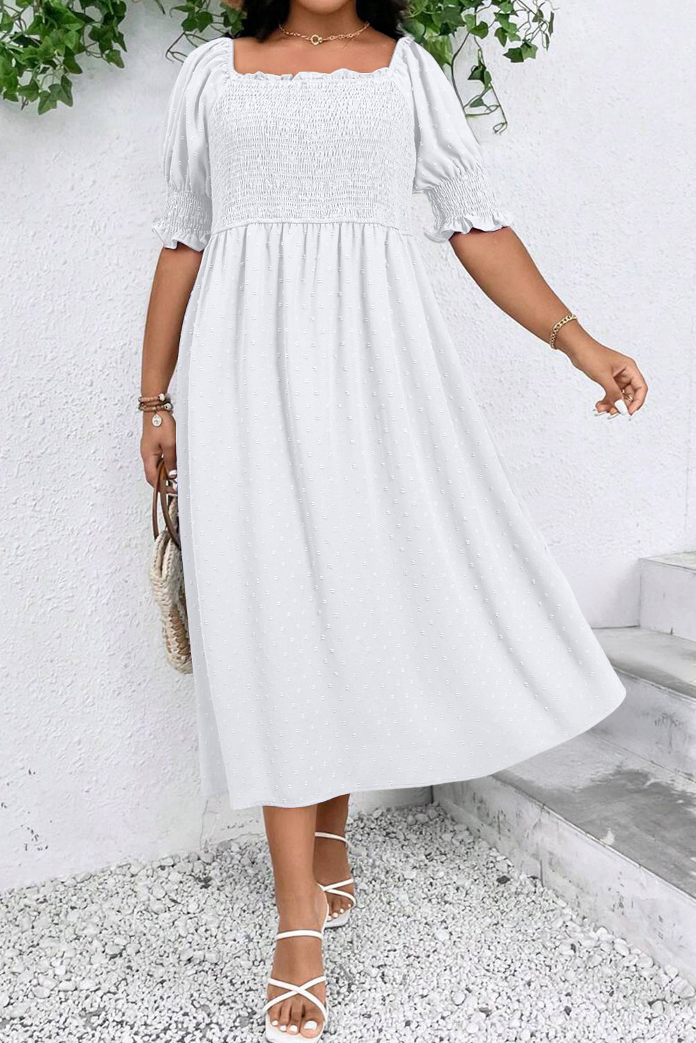 Wisteria Swiss Dot Smocked Frill Square Neck Plus Size Dress
