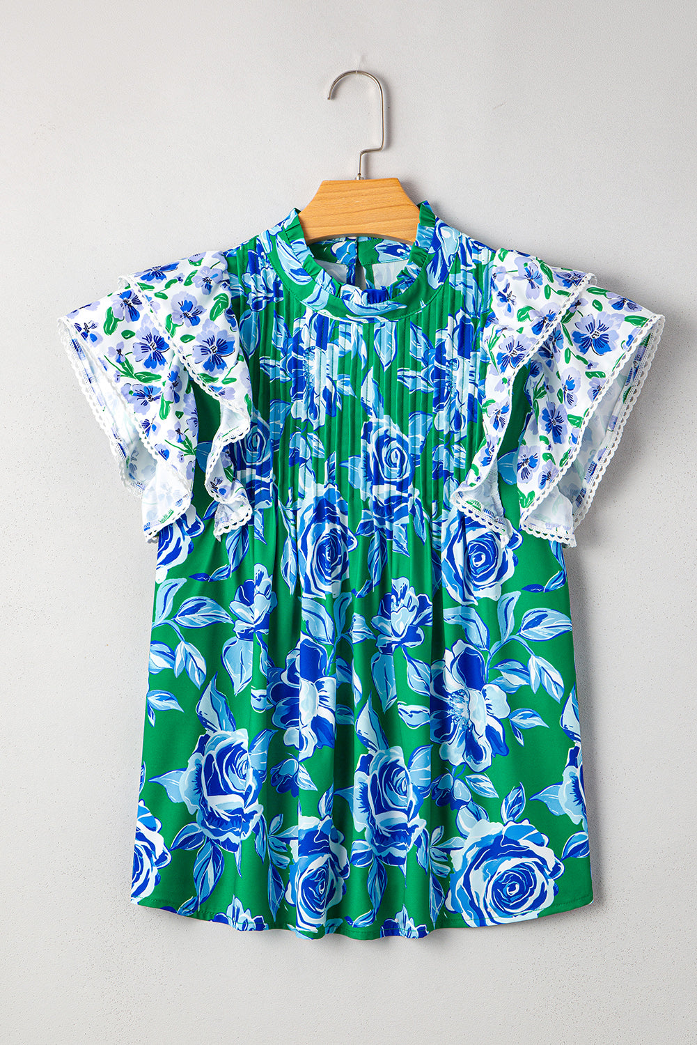 Green Floral Print Lace Trim Ruffle Sleeve Pleated Loose Blouse
