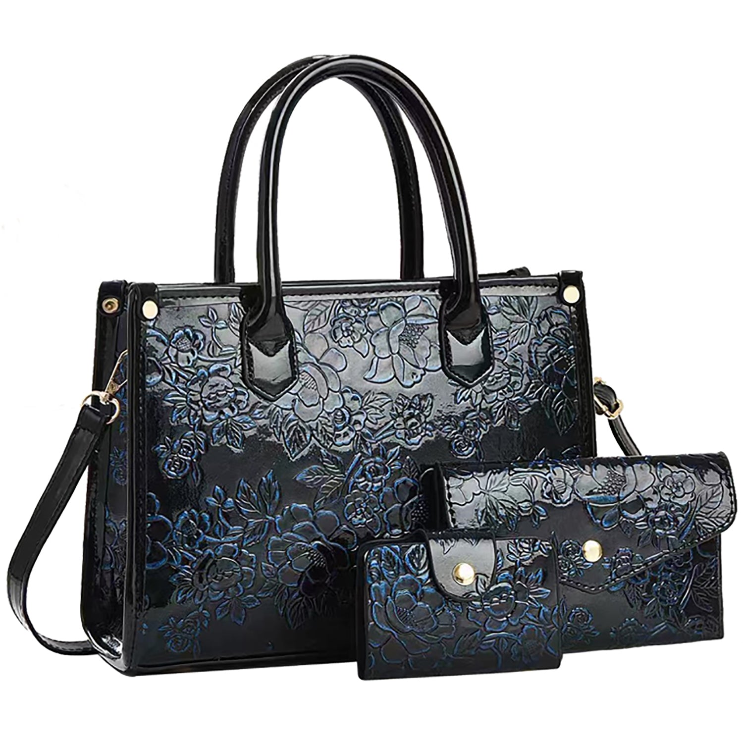 Embossed Flower 3-in-1 Satchel Set (Handbag, Clutch & Wallet)