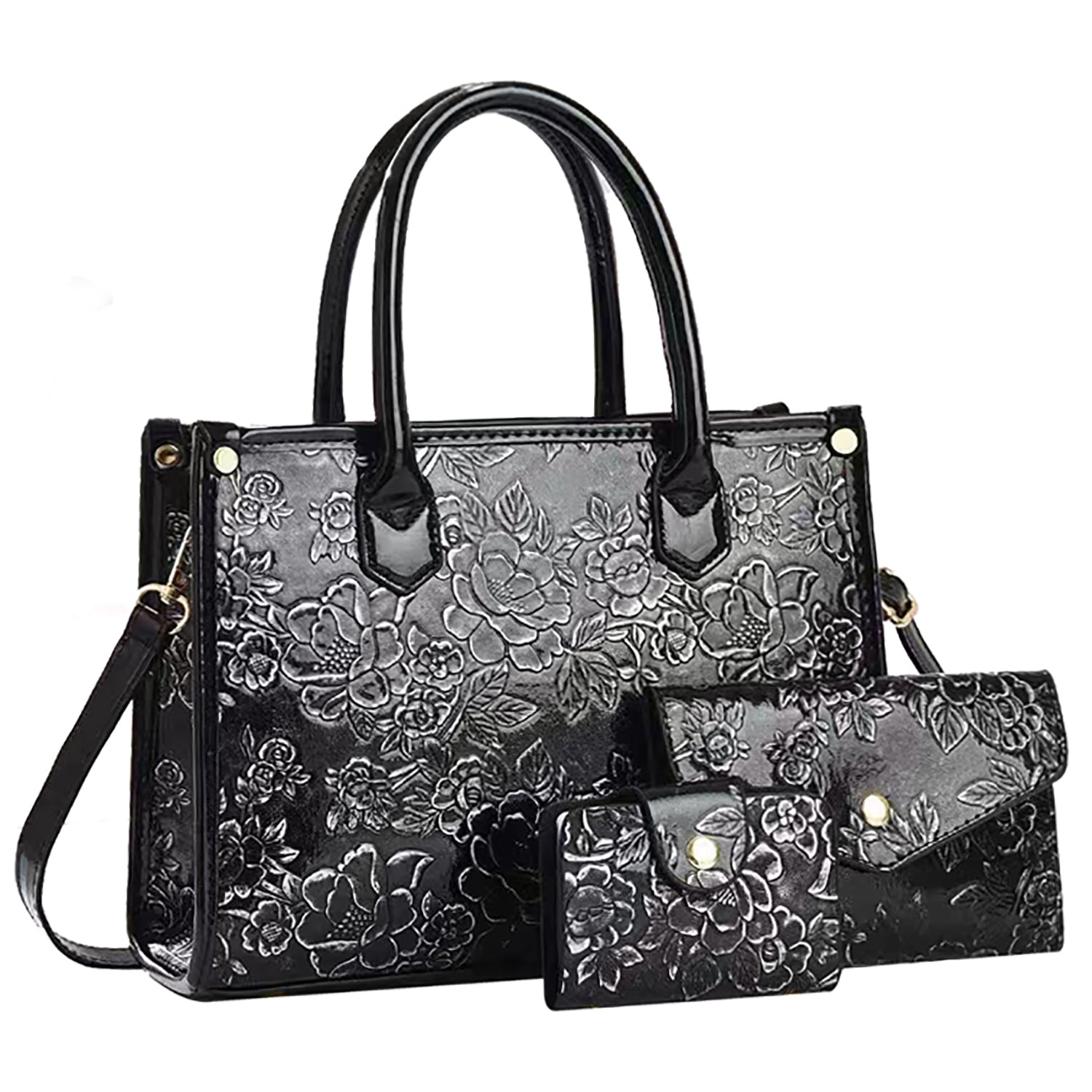 Embossed Flower 3-in-1 Satchel Set (Handbag, Clutch & Wallet)