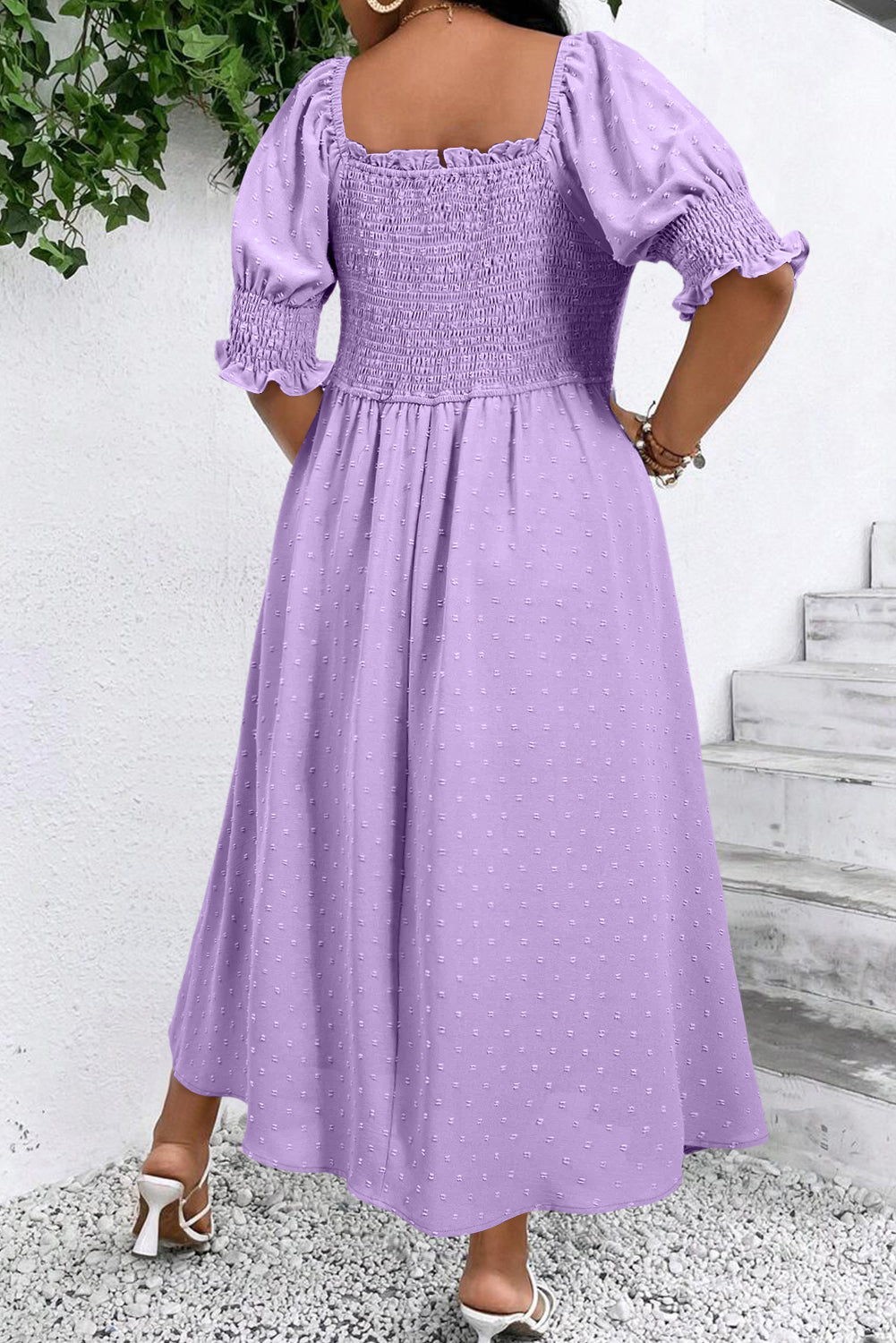 Wisteria Swiss Dot Smocked Frill Square Neck Plus Size Dress