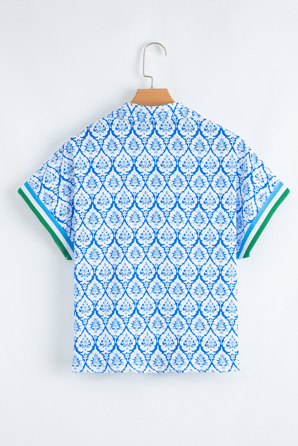 Sky Blue Colorblock Striped Collar Bohemian Print Blouse