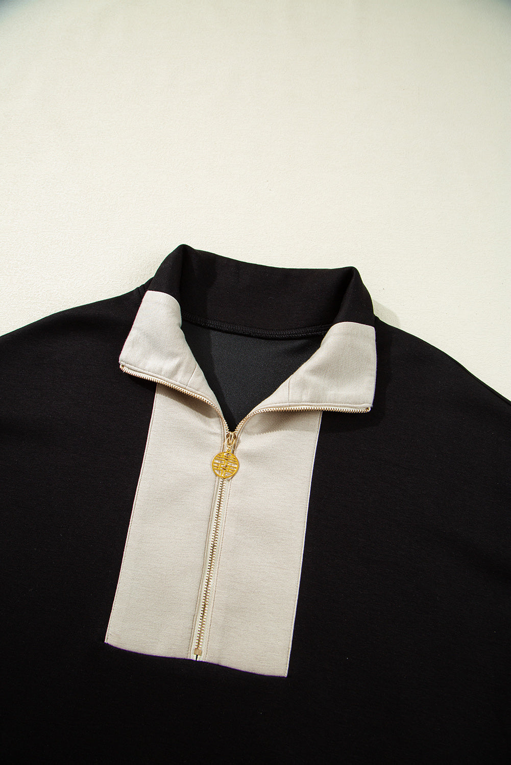 Black Colorblock Collar Patchwork Zip Front Smocked Waist Romper