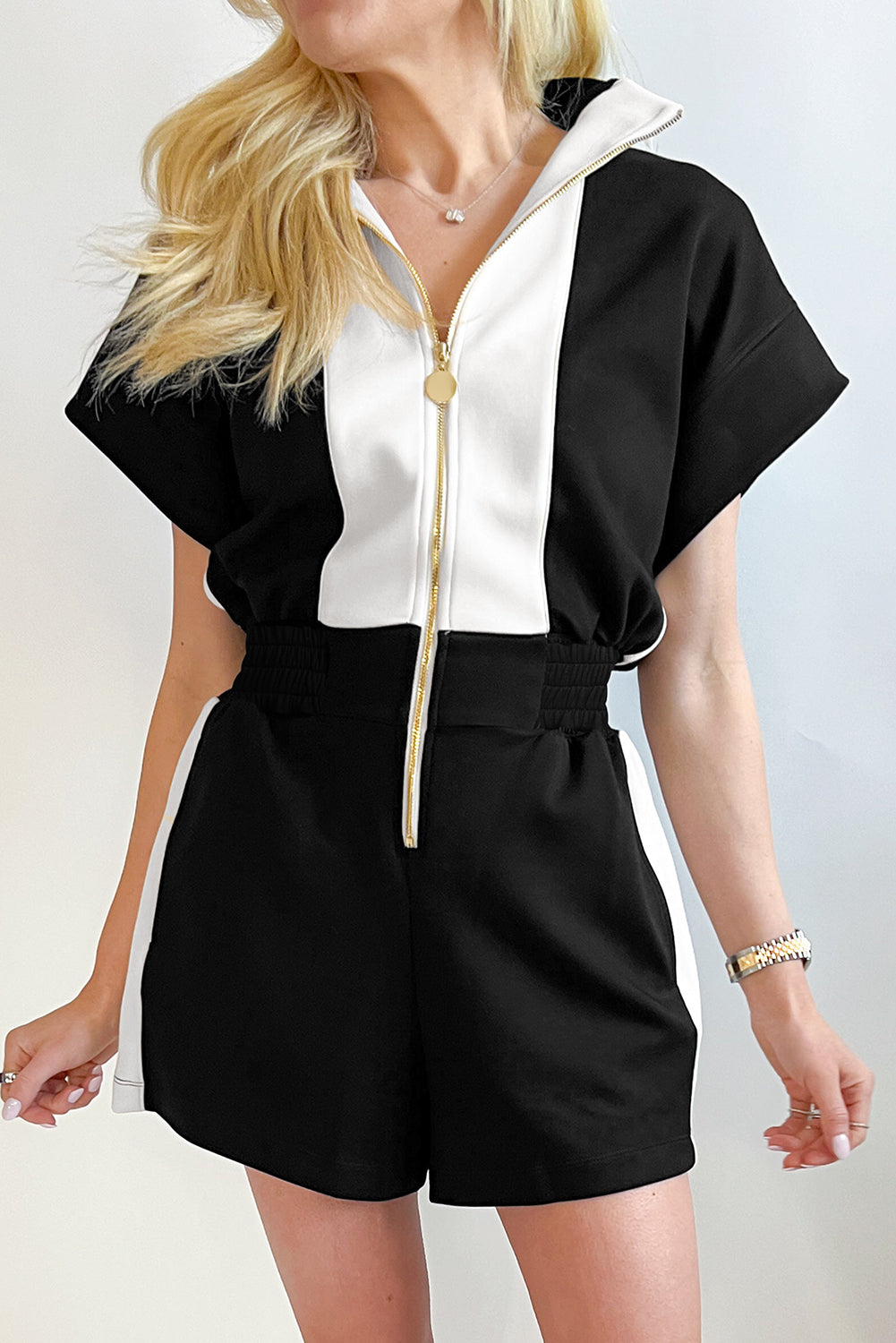 Black Colorblock Collar Patchwork Zip Front Smocked Waist Romper