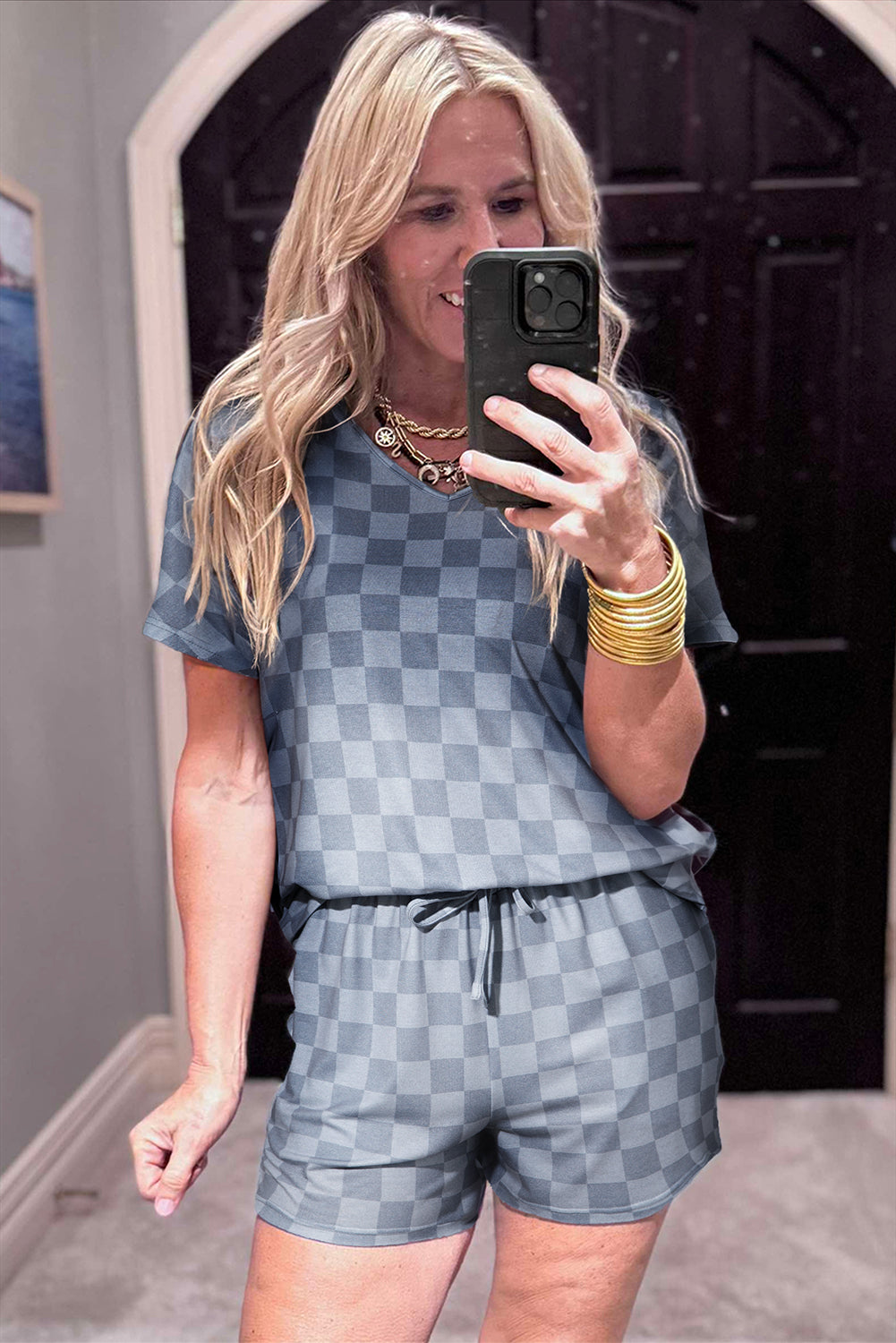 Pink Checkered V Neck Tee and Drawstring Shorts Pajama Set