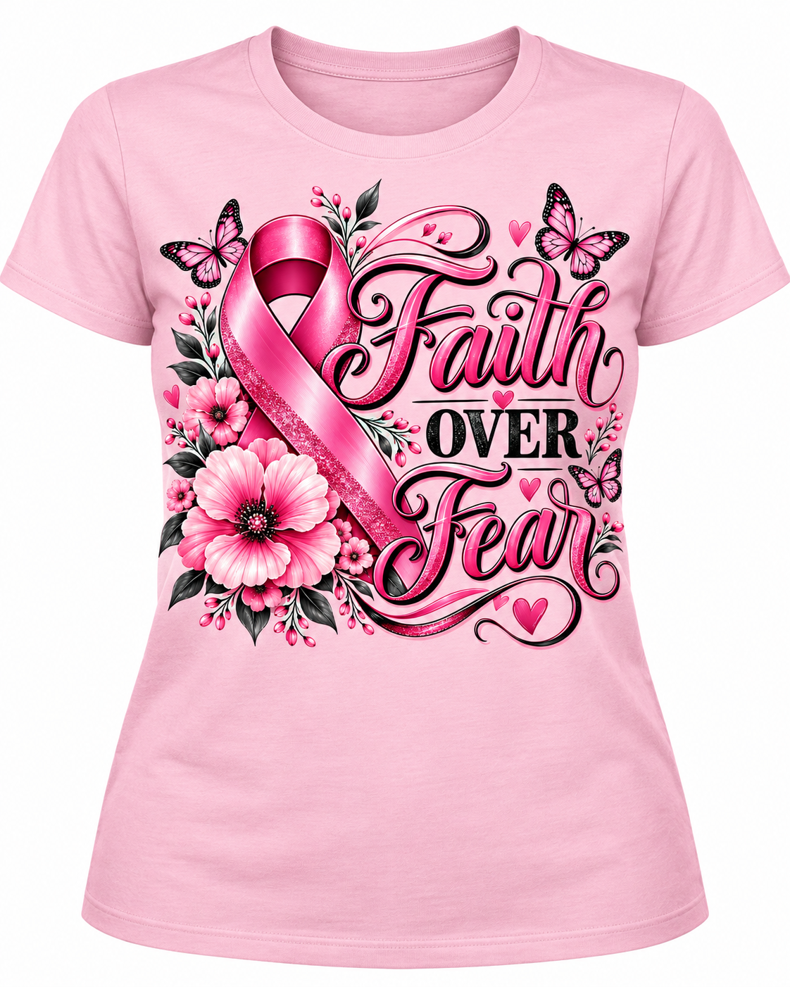 Faith Over Fear Breast Cancer Awareness Graphic T-Shirt – Pink Ribbon Tee