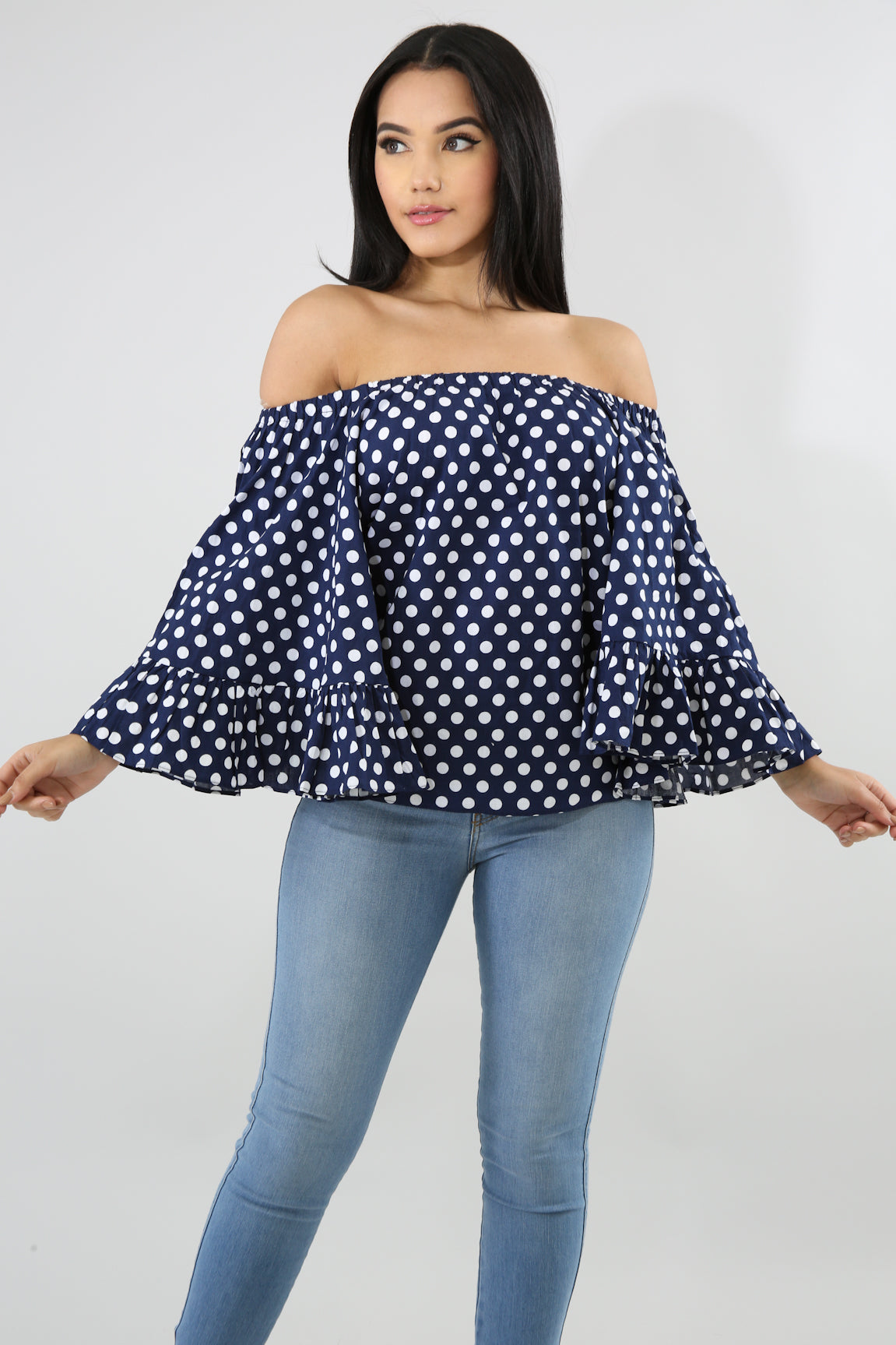 Layered Dots Off the Shoulder Ruffle Top