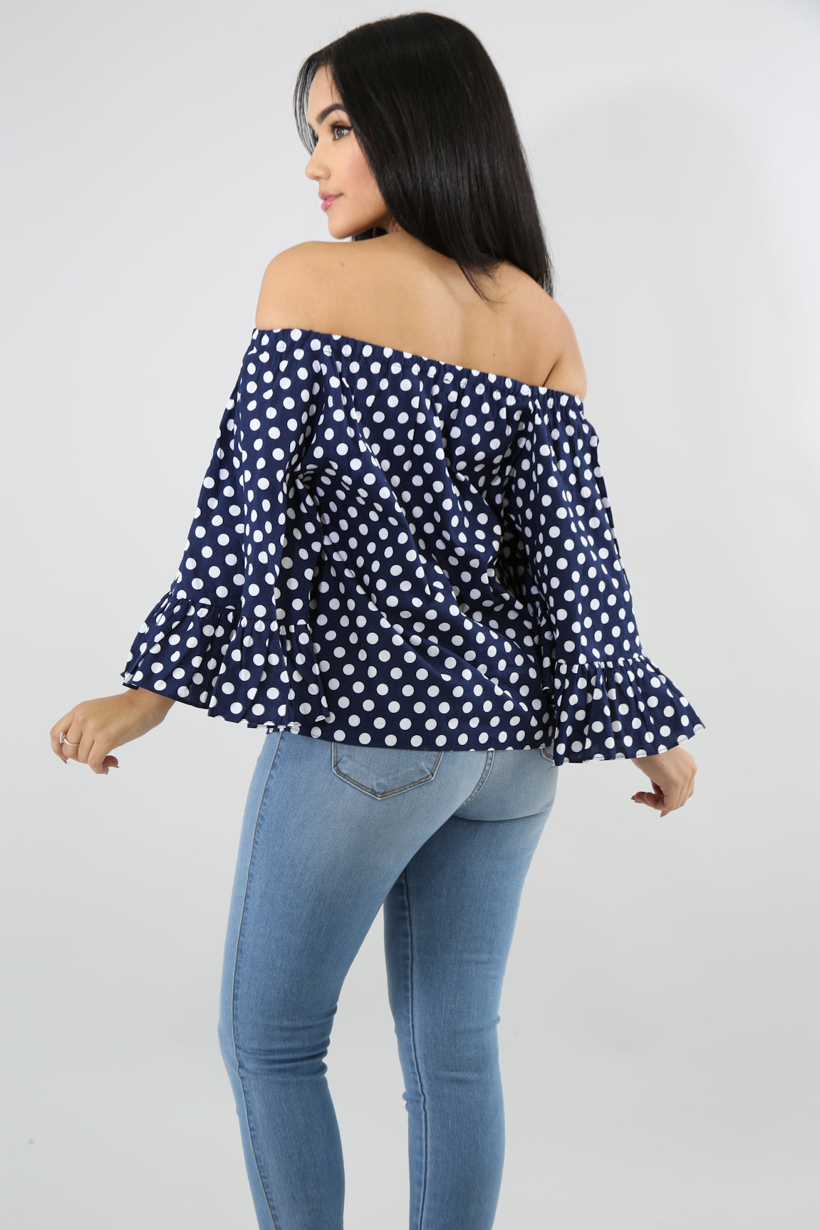 Layered Dots Off the Shoulder Ruffle Top